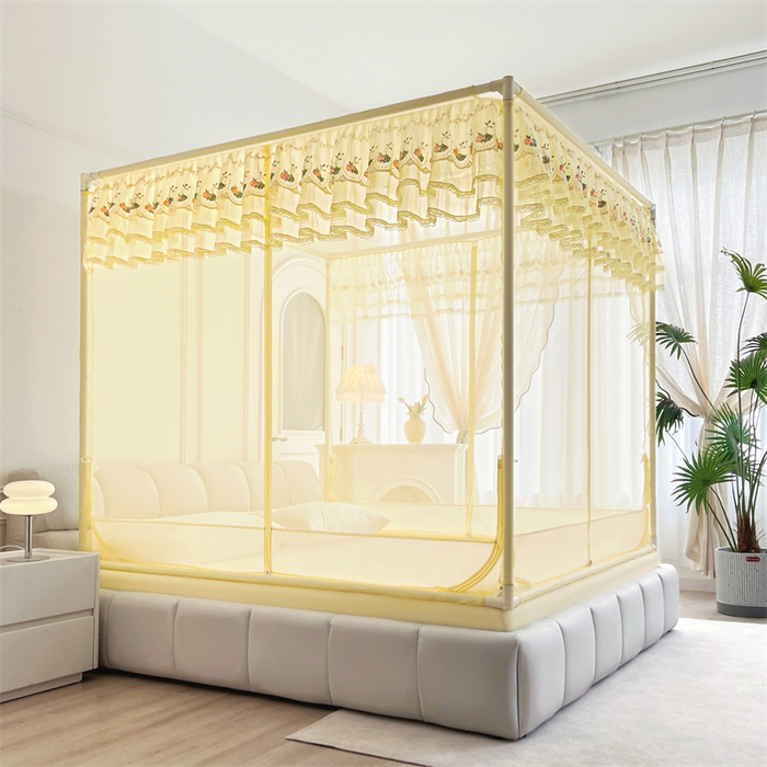 91家纺网 家纺一手货源 找家纺 青竹苑 2025新款紫荆花床笠式坐床防摔蚊帐 柠檬黄