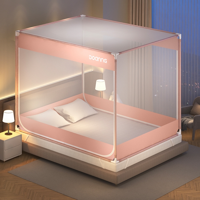 91家纺网 家纺一手货源 找家纺 青竹苑 2025新款双门全底外穿坐床式蚊帐儿童防摔防蚊拉链方帐 纯色字母-可爱粉