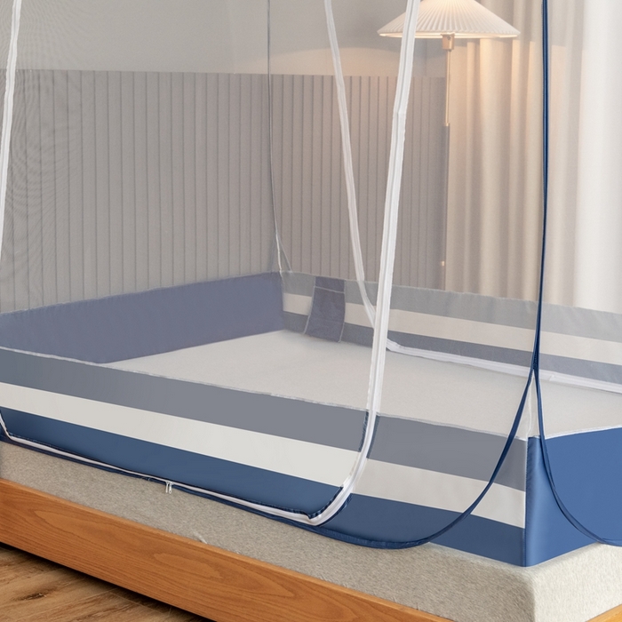 91家纺网 家纺一手货源 找家纺 青竹苑 2025新款免安装大顶魔术蚊帐布三角款 条纹蓝