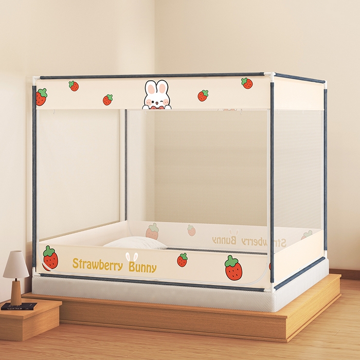 91家纺网 家纺一手货源 找家纺 青竹苑 2025新款三门大版上下布印花外穿坐床蚊帐床笠式防摔方帐 草莓兔兔