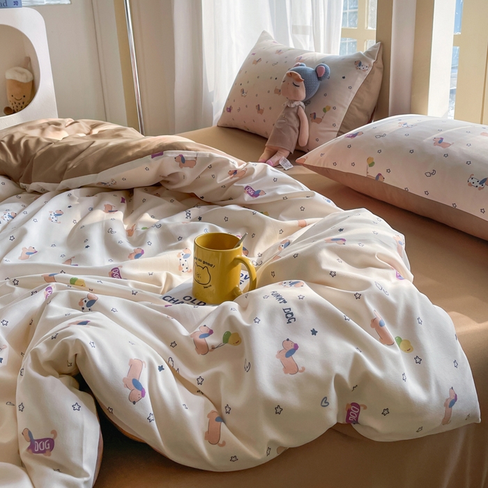 91家纺网 家纺一手货源 找家纺 仟网汇 2025新款针织双层纱AB版四件套 运动小狗