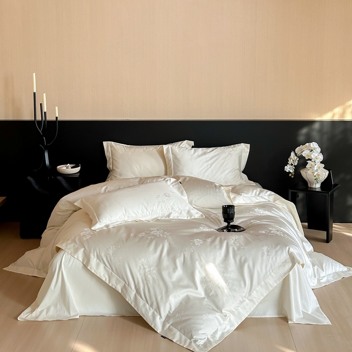 91家纺网 家纺一手货源 找家纺 窝米 2025春季新品100支长绒棉轻奢提花四件套系列 蜜香-白百合