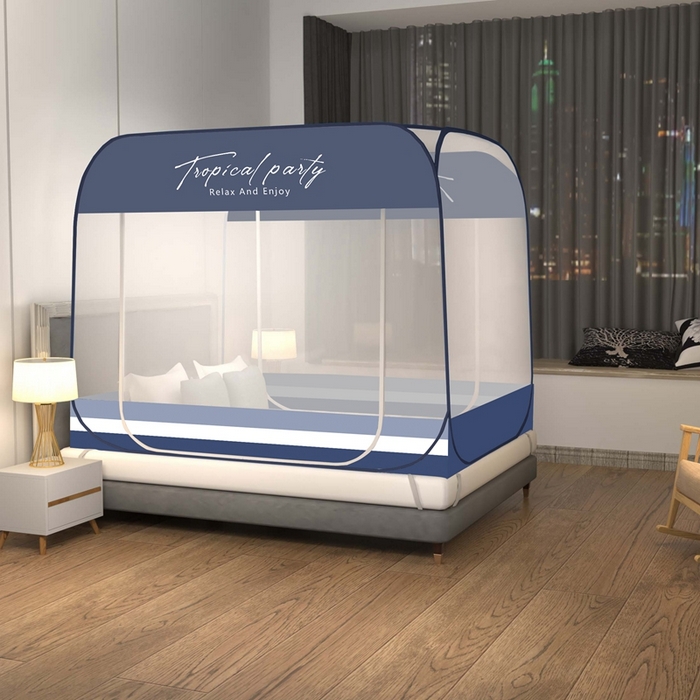 91家纺网 家纺一手货源 找家纺 青竹苑 2025新款免安装大顶魔术蚊帐布三角款 条纹蓝