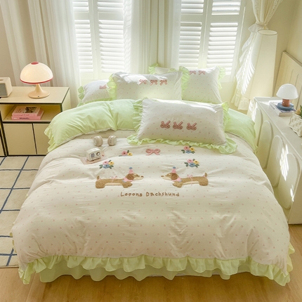 韩都家居 2025新款韩版卡通风水洗棉毛巾绣四件套系列-花园狗 天空蓝-青春绿