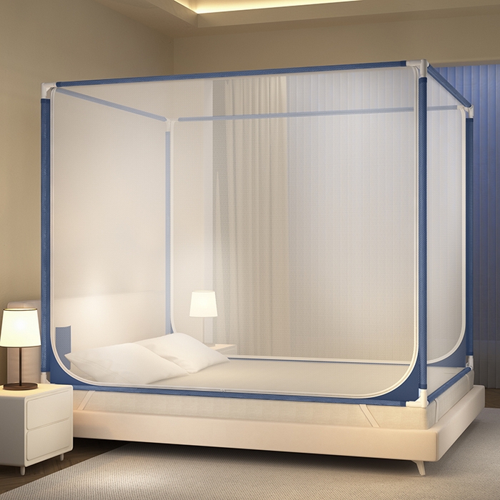 91家纺网 家纺一手货源 找家纺 青竹苑 2025新款双门全底外穿坐床式蚊帐儿童防摔防蚊拉链方帐 大方加密蓝