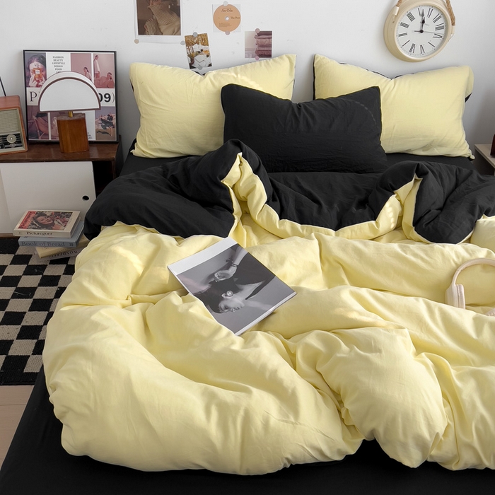 91家纺网 家纺一手货源 找家纺 花伞家居 2025新款纯色拼色柔软亲肤水洗棉简约四件套   奶黄+黑