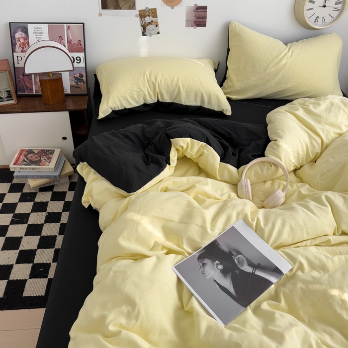 91家纺网 家纺一手货源 找家纺 花伞家居 2025新款纯色拼色柔软亲肤水洗棉简约四件套   奶黄+黑