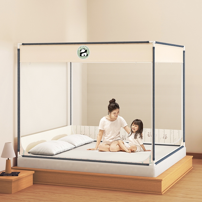 91家纺网 家纺一手货源 找家纺 青竹苑 2025新款三门大版上下布印花外穿坐床蚊帐床笠式防摔方帐 竹子熊