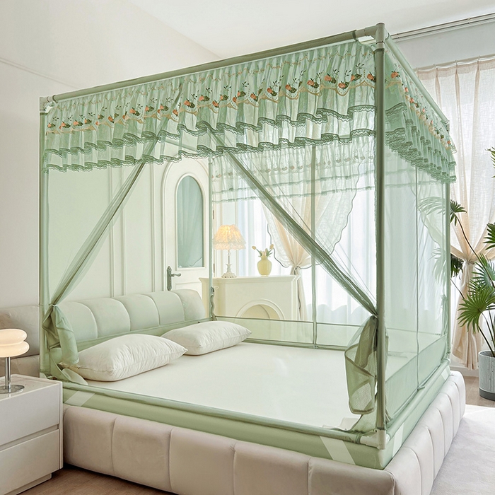 91家纺网 家纺一手货源 找家纺 青竹苑 2025新款紫荆花床笠式坐床防摔蚊帐 薄荷绿