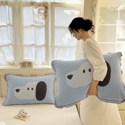 91家纺网 家纺一手货源 找家纺 （总）朴尔家纺-毛巾被 2025新款皱皱纱卡通大版花边全棉四层纱布枕巾