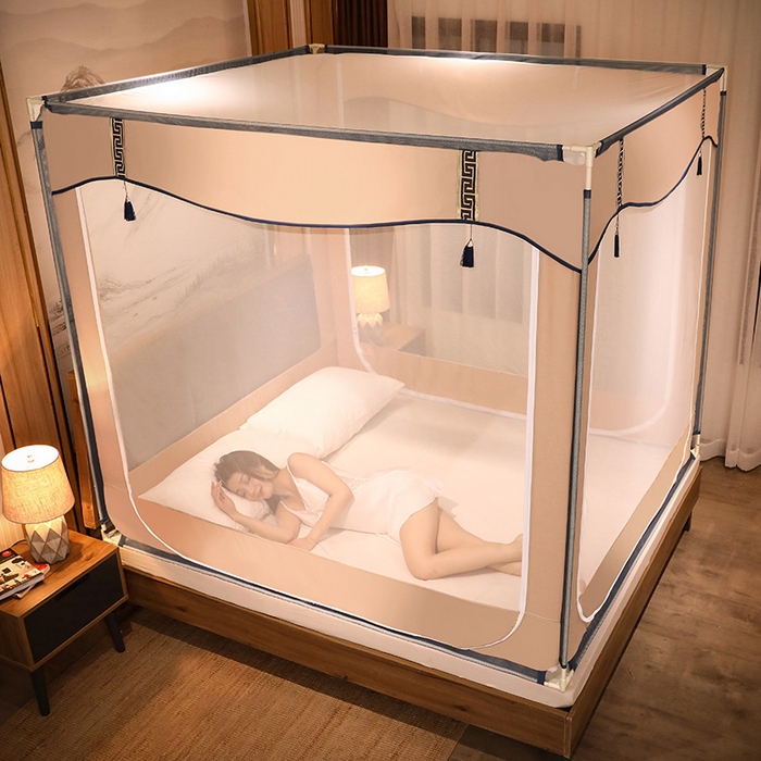 91家纺网 家纺一手货源 找家纺 青竹苑 2025新款外穿中式坐床全底防摔蚊帐 卡其色