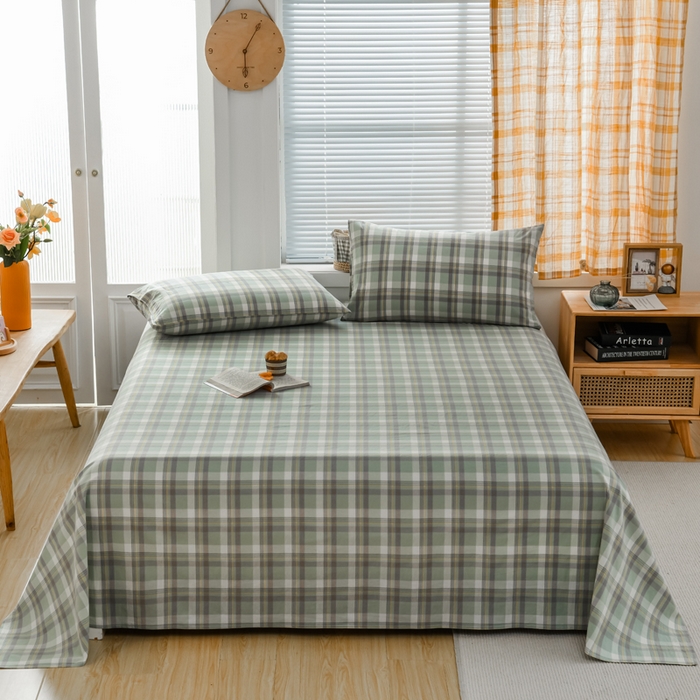 91家纺网 家纺一手货源 找家纺 柠萌家居 2025新款无印风全棉色织A类母婴级纯棉水洗棉床单 遇见绿格