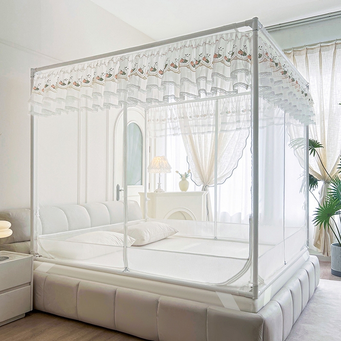 91家纺网 家纺一手货源 找家纺 青竹苑 2025新款紫荆花床笠式坐床防摔蚊帐 奶昔白