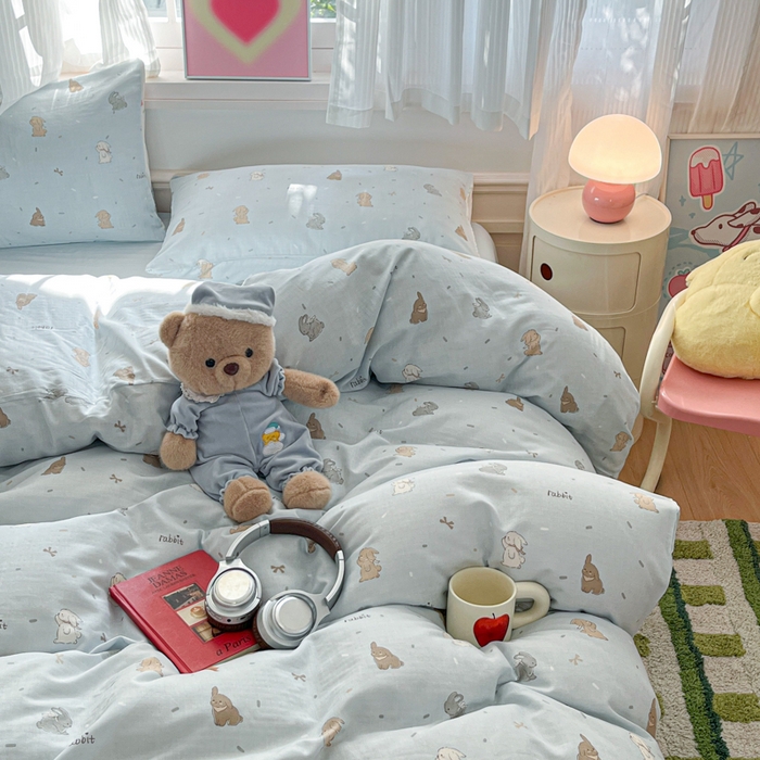 91家纺网 家纺一手货源 找家纺 博雅 2025新款全棉A类双层纱四件套 兔兔蜜语