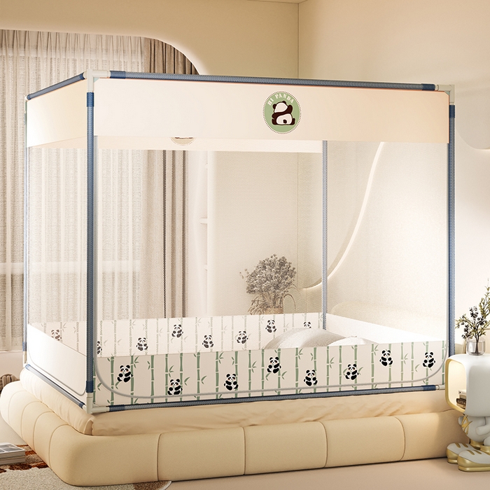 91家纺网 家纺一手货源 找家纺 青竹苑 2025新款三门大版上下布印花外穿坐床蚊帐床笠式防摔方帐 竹子熊