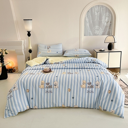 优迈 2025新款ins风亲肤卡通条格印花水洗棉系列四件套 可爱狗