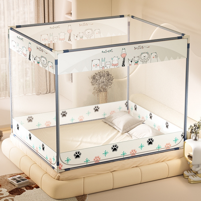 91家纺网 家纺一手货源 找家纺 青竹苑 2025新款三门大版上下布印花外穿坐床蚊帐床笠式防摔方帐 萌宠乐园