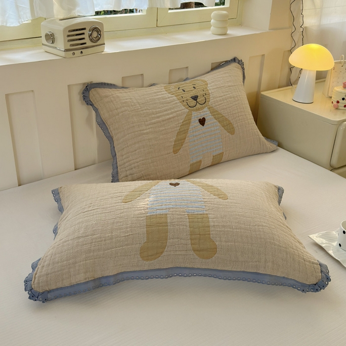 91家纺网 家纺一手货源 找家纺 朴尔家纺-毛巾被 2025新款皱皱纱卡通大版花边全棉四层纱布枕巾 条纹虎