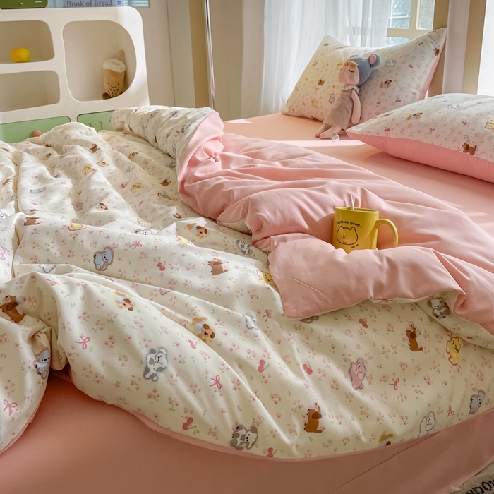 91家纺网 家纺一手货源 找家纺 仟网汇 2025新款针织双层纱AB版四件套 精灵花园