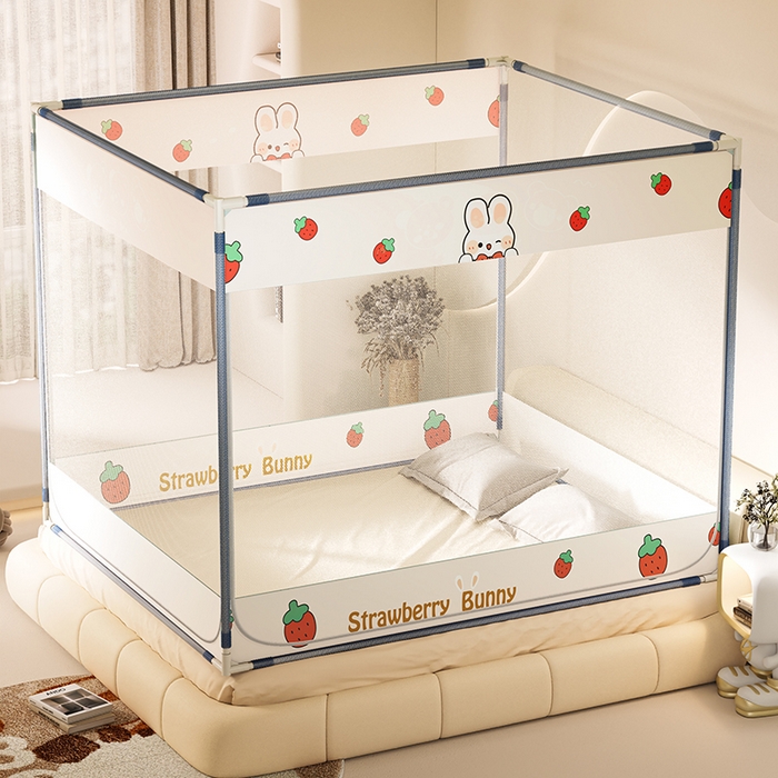 91家纺网 家纺一手货源 找家纺 青竹苑 2025新款三门大版上下布印花外穿坐床蚊帐床笠式防摔方帐 草莓兔兔