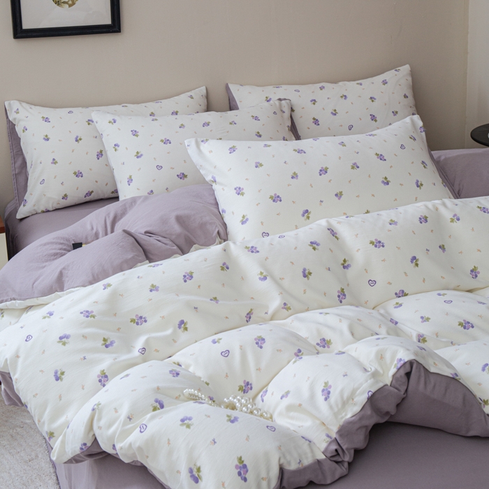 91家纺网 家纺一手货源 找家纺 斯卡诺家纺 2025新款针织天竺棉水洗棉四件套被套学生宿舍三件套床单款 葡萄多多