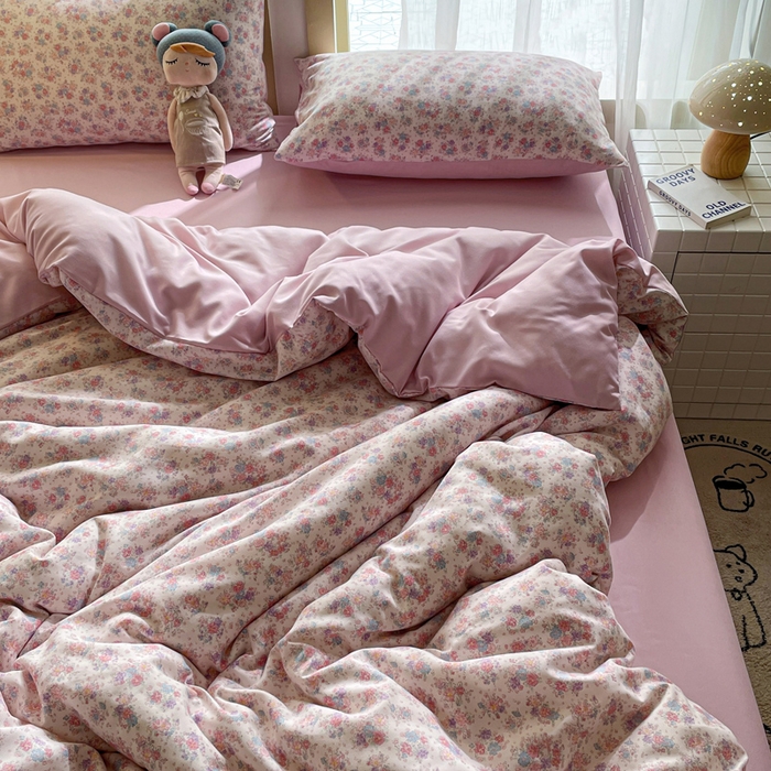 91家纺网 家纺一手货源 找家纺 仟网汇 2025新款针织双层纱AB版四件套 粉娜