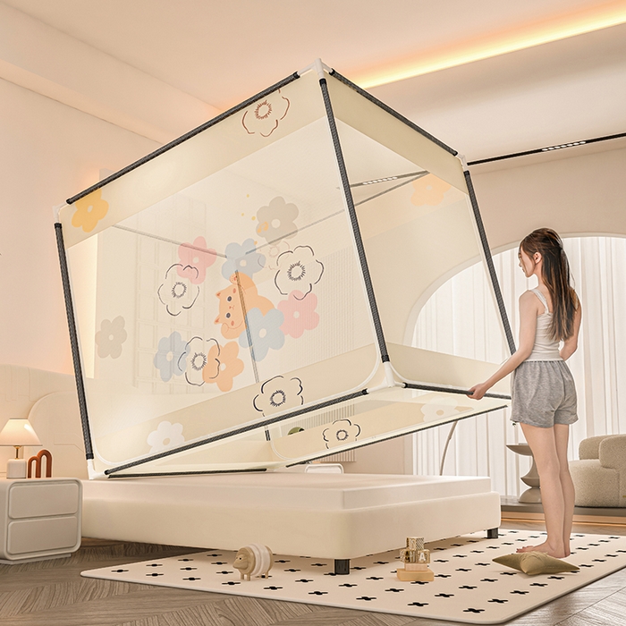 91家纺网 家纺一手货源 找家纺 青竹苑 2025新款帐纱印花外穿坐床防摔蚊帐 花朵喵喵