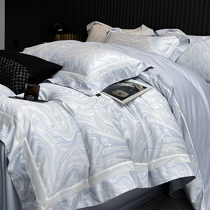 91家纺网 家纺一手货源 找家纺 【直播爆款】A类全棉数码印花四件套纯棉轻奢风长绒棉床单被套条纹床上用品 SM浮影-沁水蓝