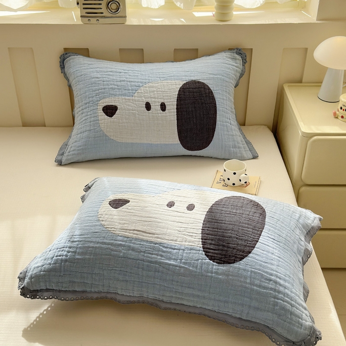 91家纺网 家纺一手货源 找家纺 （总）朴尔家纺-毛巾被 2025新款皱皱纱卡通大版花边全棉四层纱布枕巾