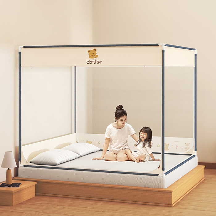 91家纺网 家纺一手货源 找家纺 青竹苑 2025新款三门大版上下布印花外穿坐床蚊帐床笠式防摔方帐 嘟嘟熊