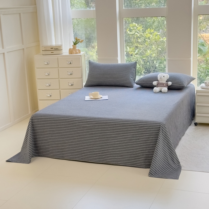 91家纺网 家纺一手货源 找家纺 柠萌家居 2025新款无印风全棉色织A类母婴级纯棉水洗棉床单 中条纹深灰