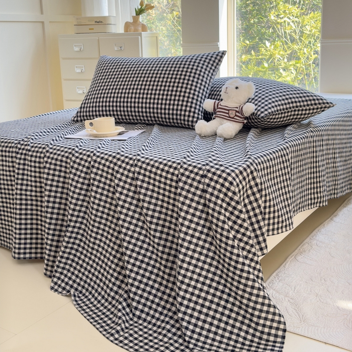91家纺网 家纺一手货源 找家纺 柠萌家居 2025新款无印风全棉色织A类母婴级纯棉水洗棉床单 黑白小格