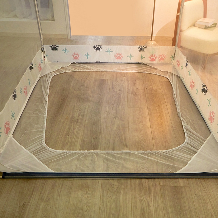 91家纺网 家纺一手货源 找家纺 青竹苑 2025新款三门大版上下布印花外穿坐床蚊帐床笠式防摔方帐 萌宠乐园