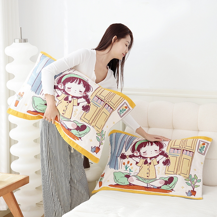 91家纺网 家纺一手货源 找家纺 朴尔家纺-毛巾被 2025新款萌萌系八层纯棉加厚纱布枕巾 早安少女