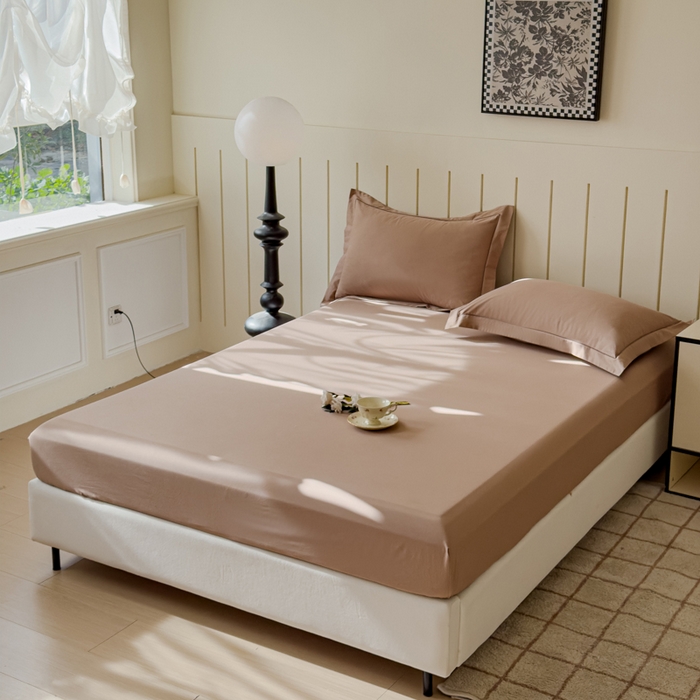 91家纺网 家纺一手货源 找家纺 2025床笠全棉纯色床笠双拼简约床笠三件套可定制 摩卡