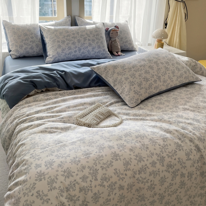 91家纺网 家纺一手货源 找家纺 仟网汇 2025新款针织双层纱AB版四件套 半夏-蓝