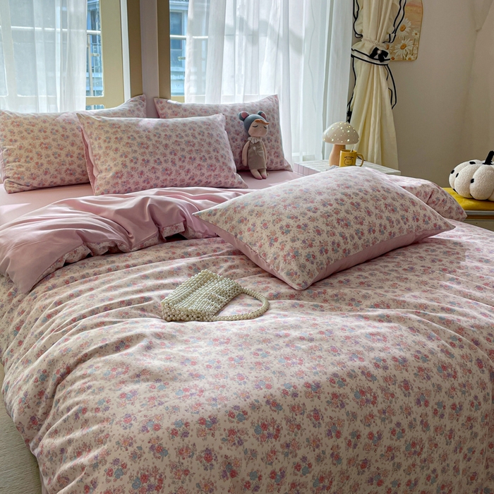 91家纺网 家纺一手货源 找家纺 仟网汇 2025新款针织双层纱AB版四件套 粉娜