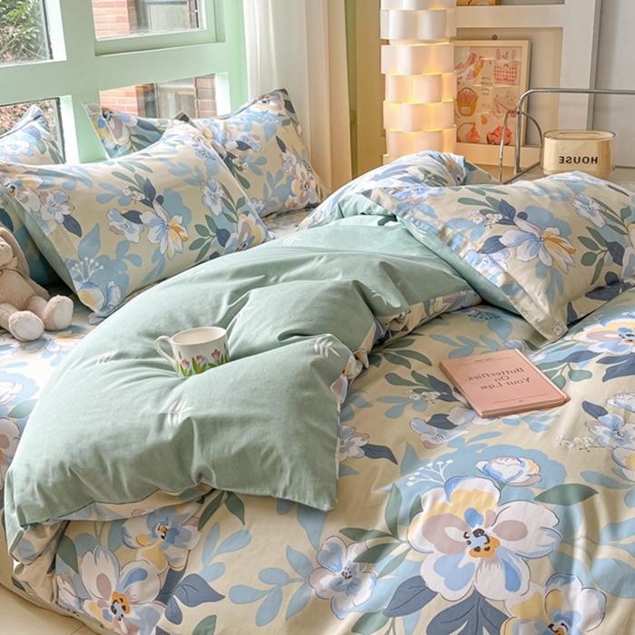 91家纺网 家纺一手货源 找家纺 菲梵家纺 2025新款喷气小清新全棉印花四件套（预留缩水）木棉花