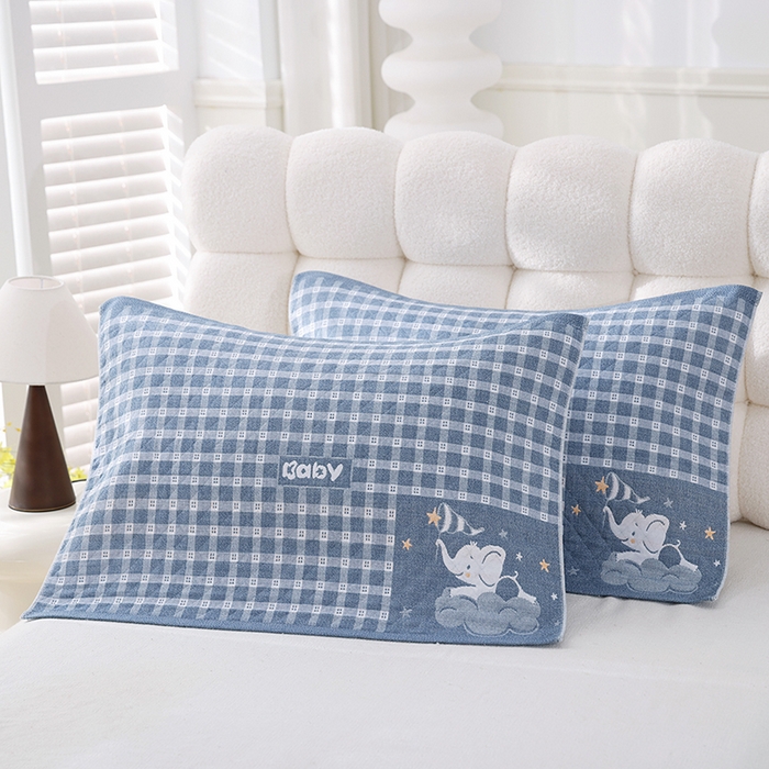 91家纺网 家纺一手货源 找家纺 朴尔家纺-毛巾被 2025新款芬柔AB纱卡通三层纯棉纱布枕巾 星星象-蓝