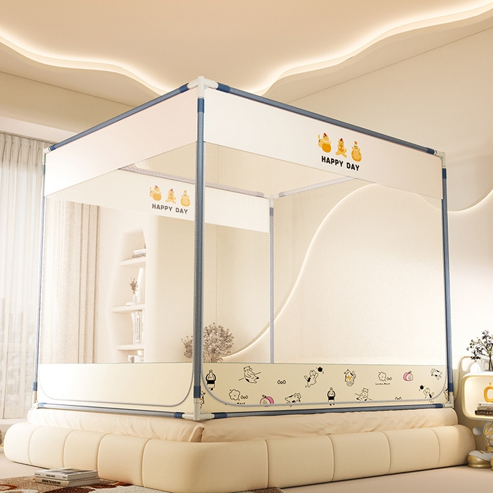 91家纺网 家纺一手货源 找家纺 青竹苑 2025新款三门大版上下布印花外穿坐床蚊帐床笠式防摔方帐 你好喵呀