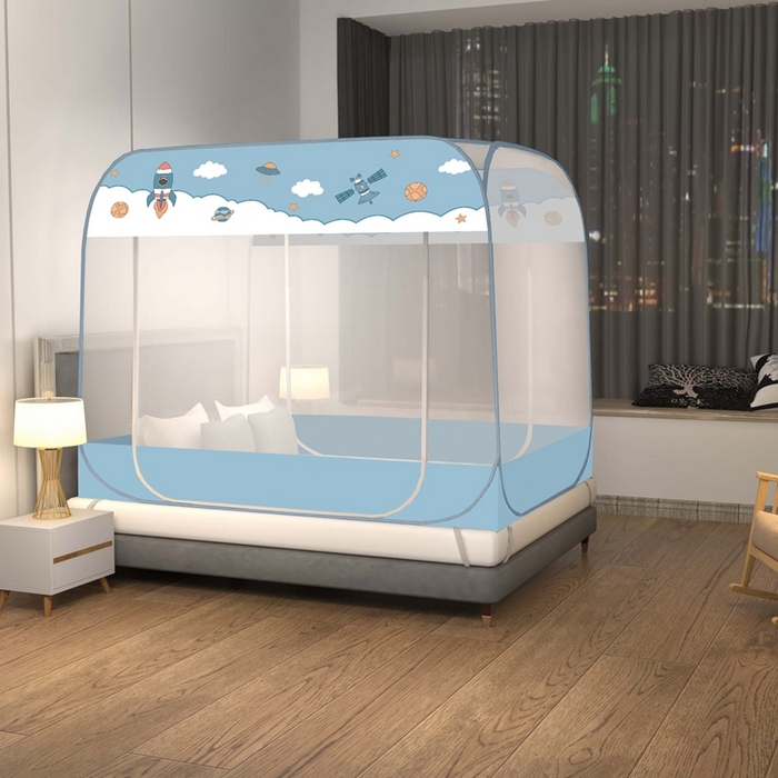 91家纺网 家纺一手货源 找家纺 青竹苑 2025新款免安装大顶魔术蚊帐布三角款 太空蓝