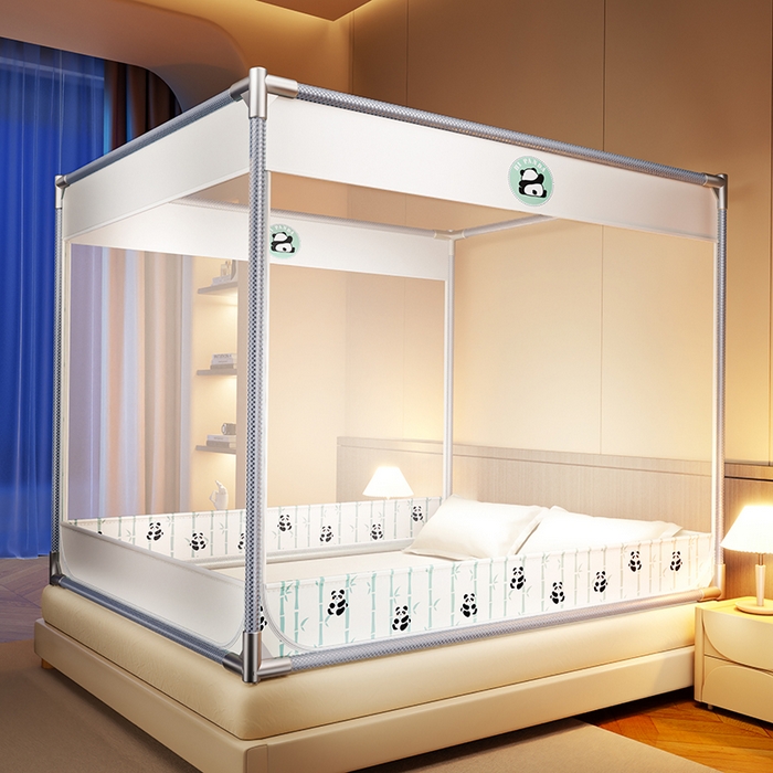 91家纺网 家纺一手货源 找家纺 青竹苑 2025新款三门大版上下布印花外穿坐床蚊帐床笠式防摔方帐 竹子熊