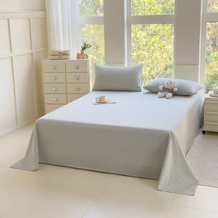 91家纺网 家纺一手货源 找家纺 柠萌家居 2025新款无印风全棉色织A类母婴级纯棉水洗棉床单 绿极细条