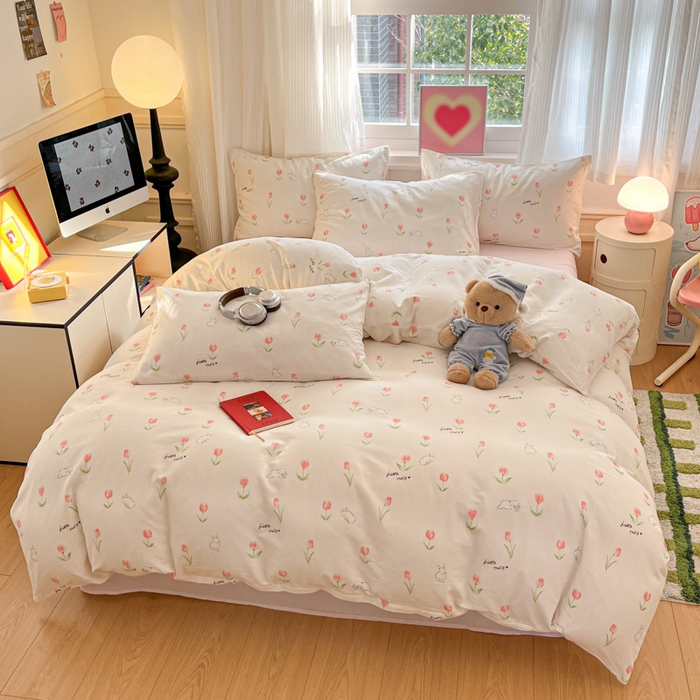 91家纺网 家纺一手货源 找家纺 博雅 2025新款全棉A类双层纱四件套 花园萌兔