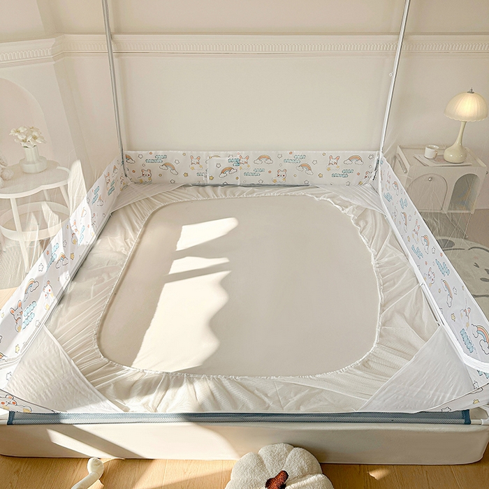 91家纺网 家纺一手货源 找家纺 青竹苑 2025新款三门大版上下布印花外穿坐床蚊帐床笠式防摔方帐 萌萌兔