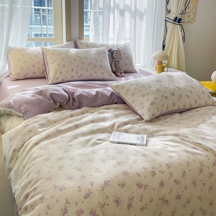 91家纺网 家纺一手货源 找家纺 仟网汇 2025新款针织双层纱AB版四件套 莱茵紫花