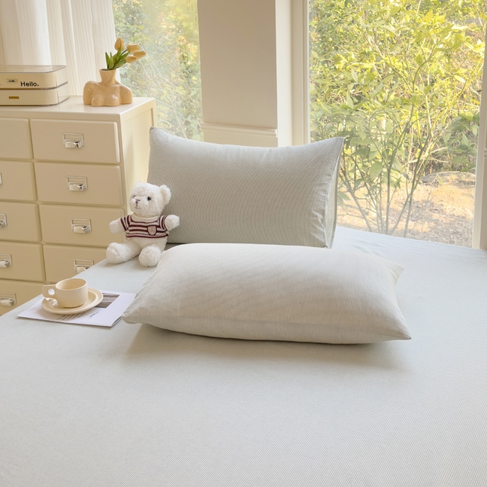 91家纺网 家纺一手货源 找家纺 柠萌家居 2025新款无印风全棉色织A类母婴级纯棉水洗棉床单 绿极细条