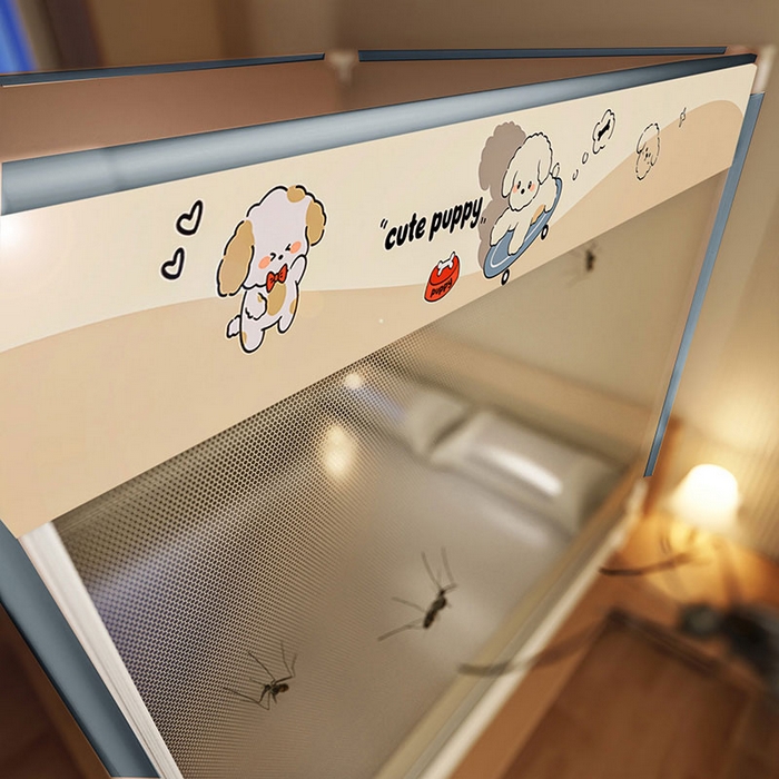 91家纺网 家纺一手货源 找家纺 青竹苑 2025新款三门大版上下布印花外穿坐床蚊帐床笠式防摔方帐 快乐修狗