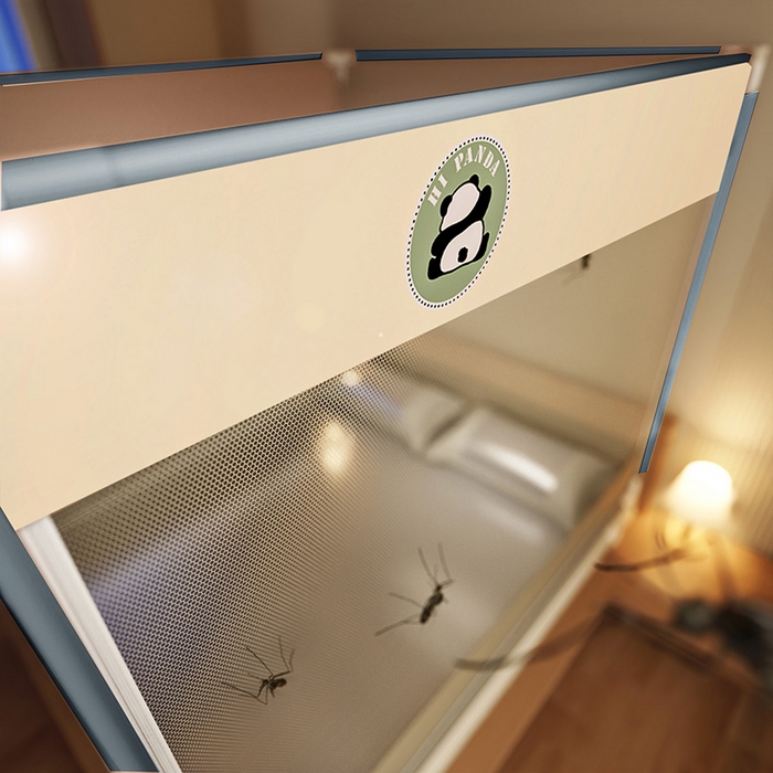 91家纺网 家纺一手货源 找家纺 青竹苑 2025新款三门大版上下布印花外穿坐床蚊帐床笠式防摔方帐 竹子熊