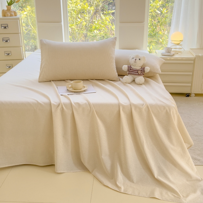 91家纺网 家纺一手货源 找家纺 柠萌家居 2025新款无印风全棉色织A类母婴级纯棉水洗棉床单 米极细条